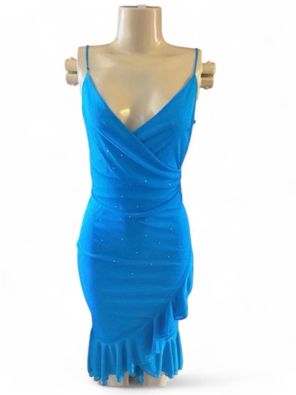 Bright blue Rampge slip dress with spaghetti straps, a ruched bodice& ruffled as